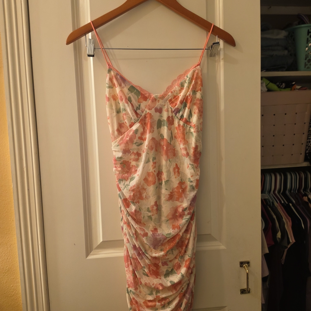 Princess Polly Floral Slip Mini Dress in White, Coral & Green